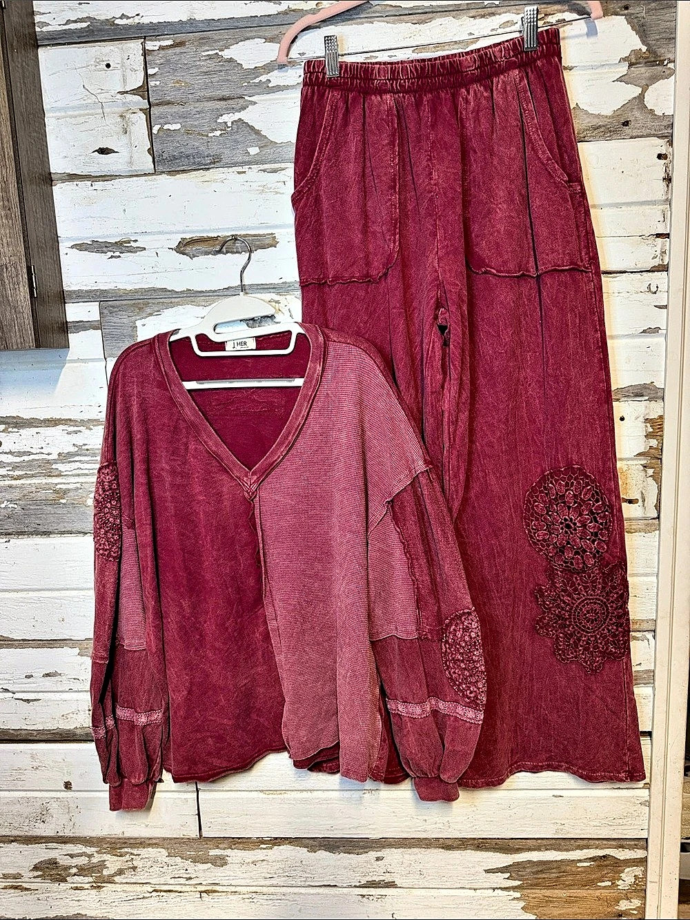 J. HER Mineral Wash Crochet Patch Detail Matching Set Matching Set Burgundy ((13